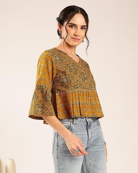 Women’s Mustard Yellow Printed Cotton Peplum Top