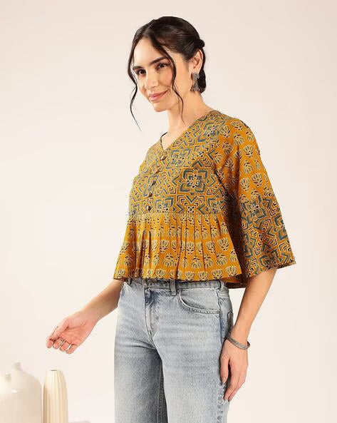 Women’s Mustard Yellow Printed Cotton Peplum Top
