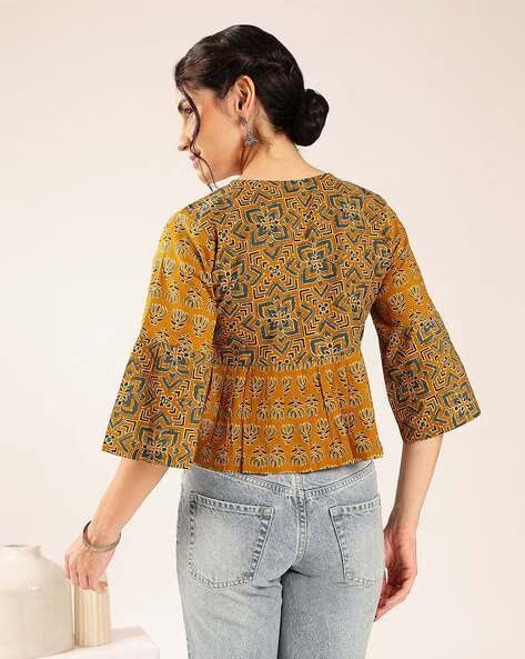 Women’s Mustard Yellow Printed Cotton Peplum Top