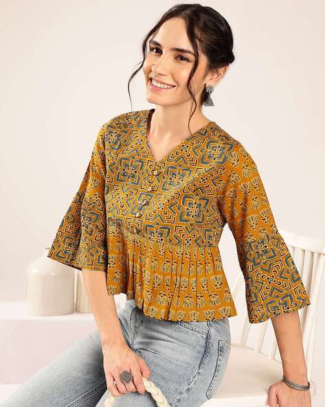 Women’s Mustard Yellow Printed Cotton Peplum Top