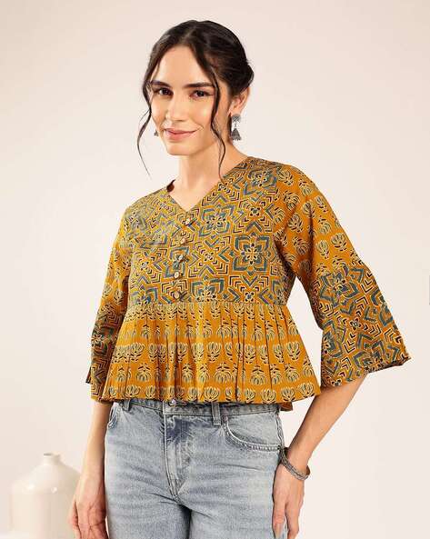 Women’s Mustard Yellow Printed Cotton Peplum Top
