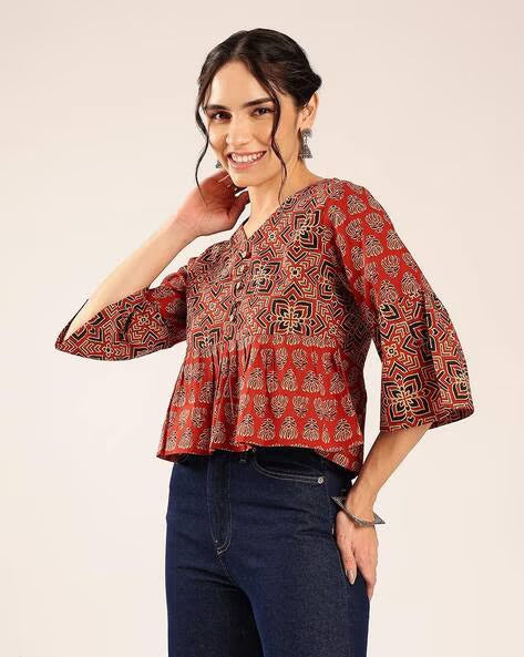Women’s Mustard Yellow Printed Cotton Peplum Top