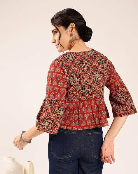 Women’s Mustard Yellow Printed Cotton Peplum Top