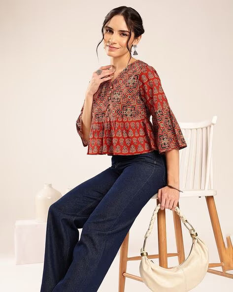 Women’s Mustard Yellow Printed Cotton Peplum Top