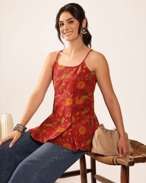 Womens Coral Printed Cotton Flared Top with Spaghetti Straps
