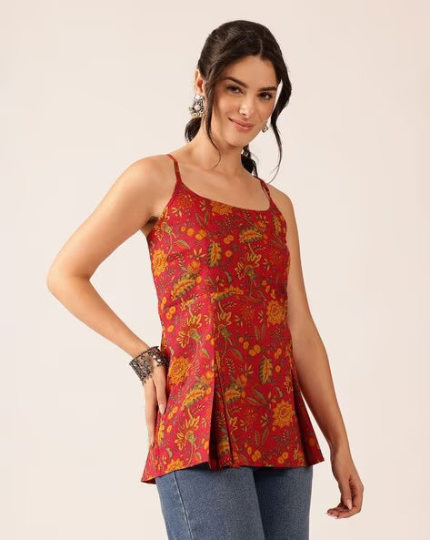 Women’s coral printed cotton flared top with floral pattern and spaghetti straps