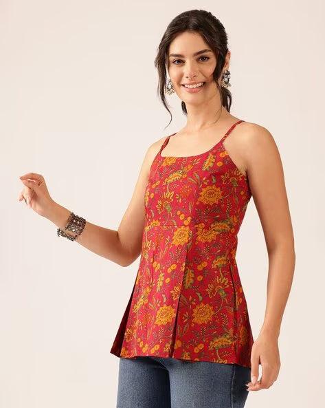 Womens Coral Printed Cotton Flared Top with Spaghetti Straps
