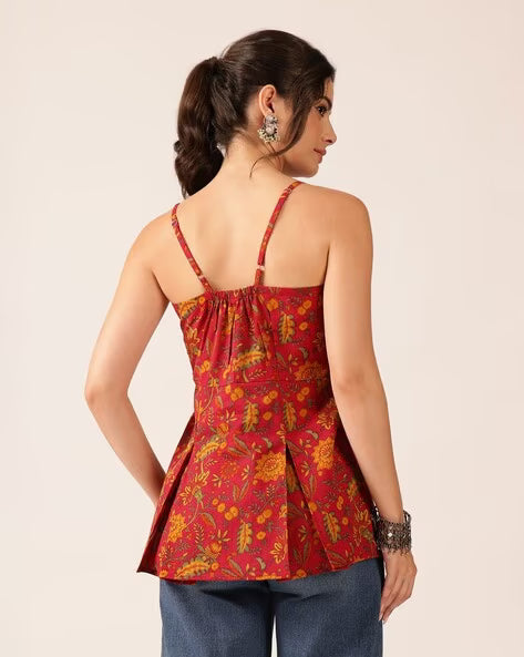 Womens Coral Printed Cotton Flared Top with Spaghetti Straps