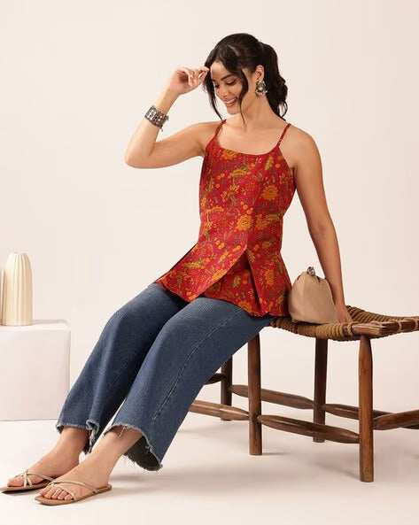 Womens Coral Printed Cotton Flared Top with Spaghetti Straps