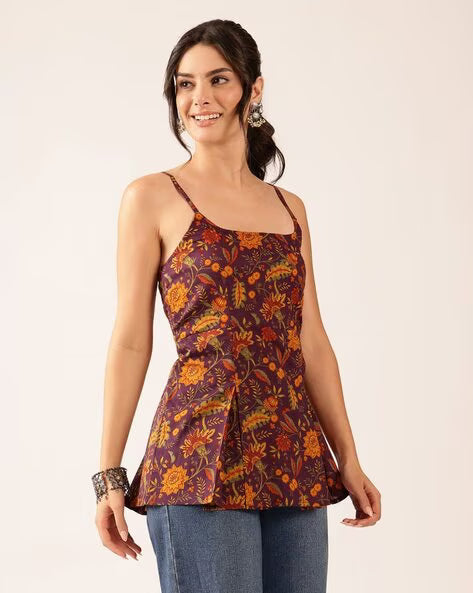 Womens Coral Printed Cotton Flared Top with Spaghetti Straps