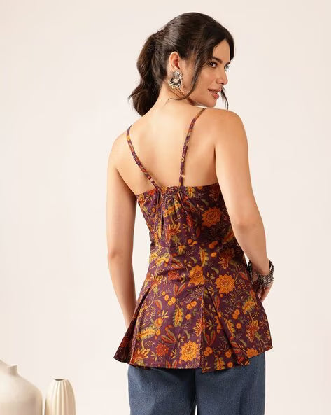Womens Coral Printed Cotton Flared Top with Spaghetti Straps