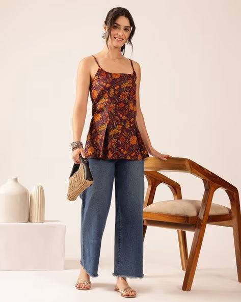 Womens Coral Printed Cotton Flared Top with Spaghetti Straps