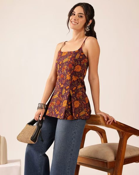 Womens Coral Printed Cotton Flared Top with Spaghetti Straps