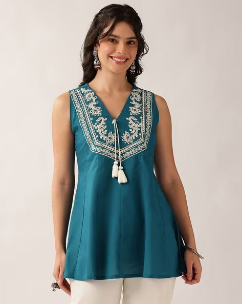 Women’s tale green embroidered cotton A-line tunic top with V-neck and tassel detailing
