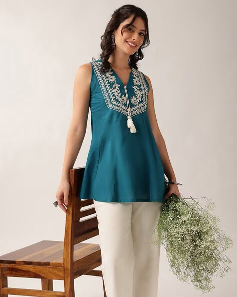 Women’s Purple Embroidered Cotton A-Line Tunic Top