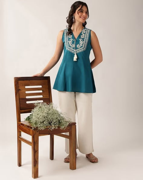 Women’s Purple Embroidered Cotton A-Line Tunic Top