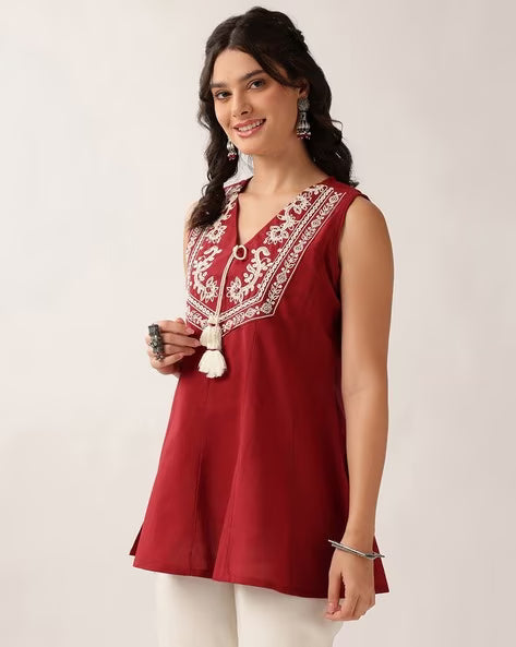 Women’s Purple Embroidered Cotton A-Line Tunic Top