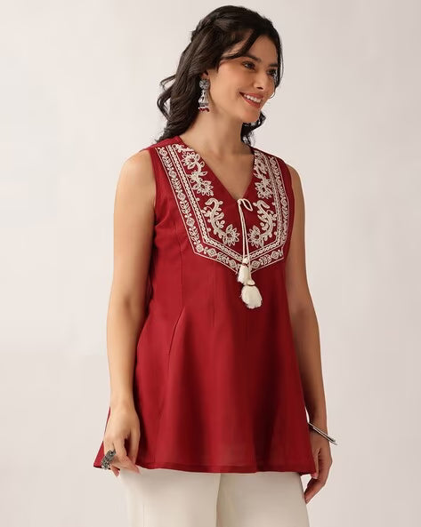 Women’s Purple Embroidered Cotton A-Line Tunic Top