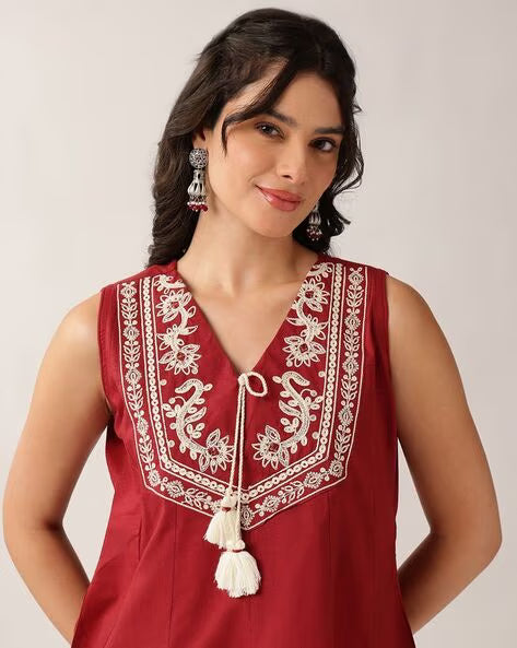 Women’s Purple Embroidered Cotton A-Line Tunic Top