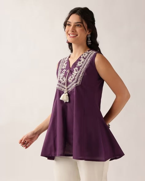 Women’s Purple Embroidered Cotton A-Line Tunic Top
