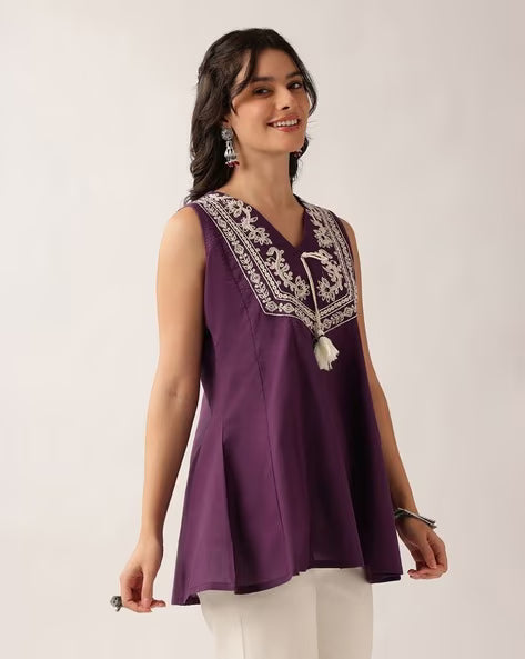 Women’s Purple Embroidered Cotton A-Line Tunic Top