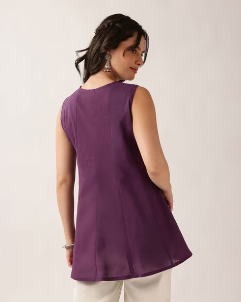 Women’s Purple Embroidered Cotton A-Line Tunic Top