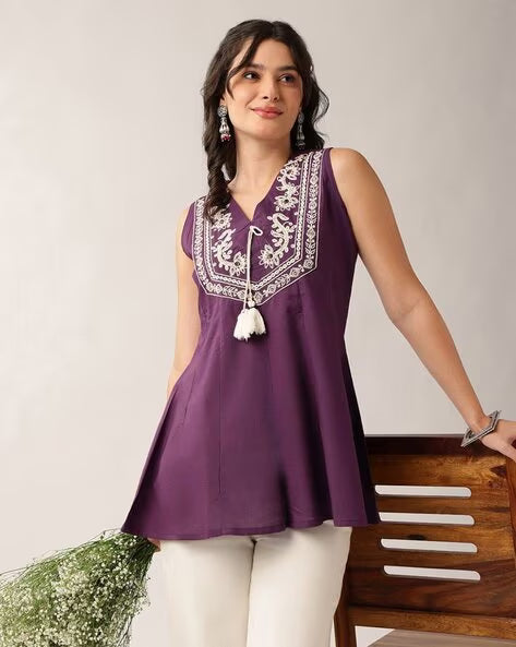 Women’s Purple Embroidered Cotton A-Line Tunic Top