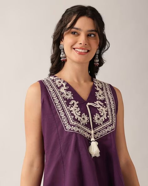 Women’s Purple Embroidered Cotton A-Line Tunic Top
