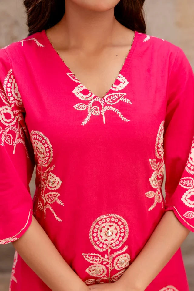 Designer Pink Co-ord Set with Tulip Pants & White Floral Embroidery