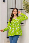 Lime green floral printed cotton Alia top for women with long sleeves and relaxed fit