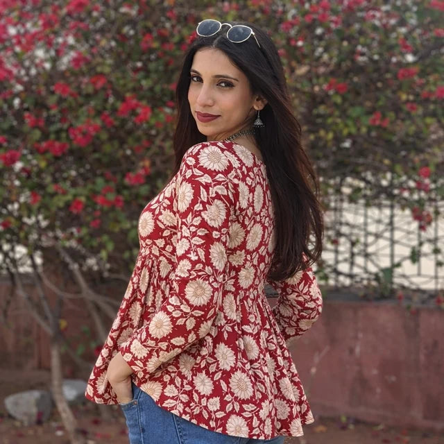 Elegant Floral Cotton Alia Top for Girls – Red