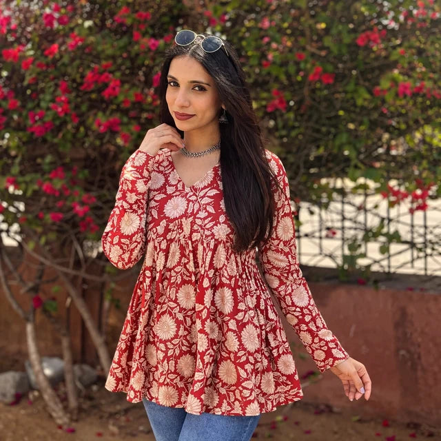 Elegant Floral Cotton Alia Top for Girls – Red