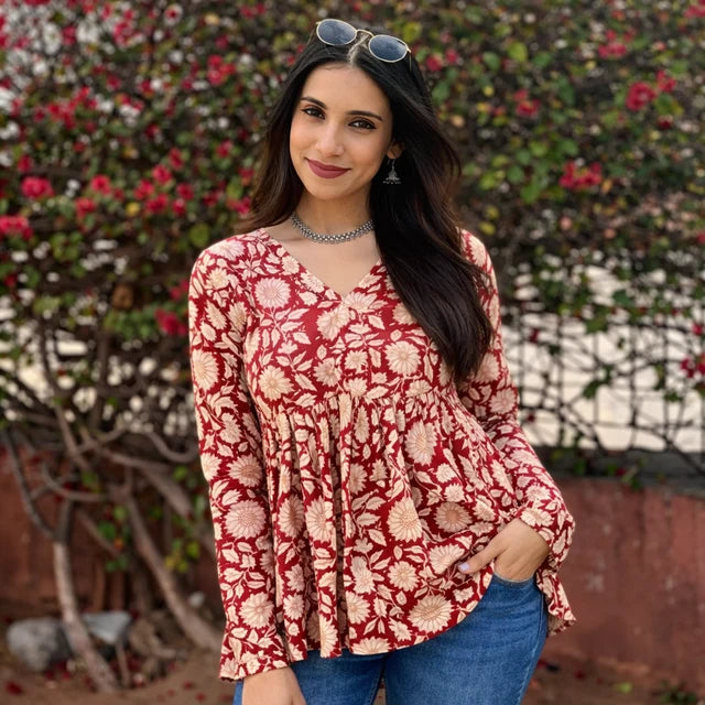 Elegant Floral Cotton Alia Top for Girls – Red