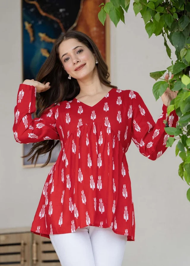 Red Ikat Printed Cotton Alia Top