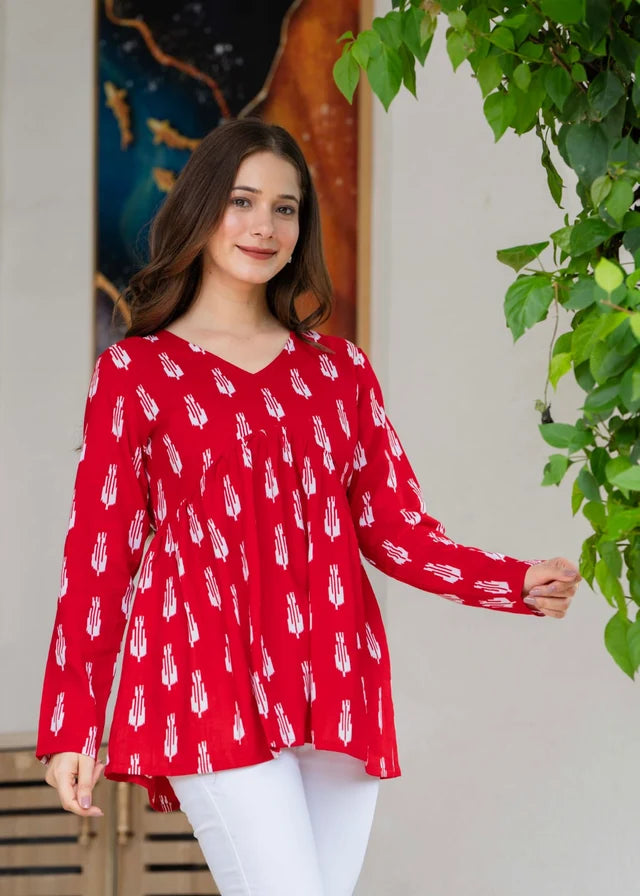 Red Ikat Printed Cotton Alia Top