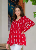 Women's red printed cotton Alia top with long sleeves and relaxed fit