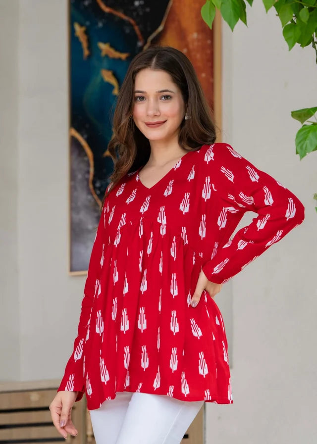 Women's red printed cotton Alia top with long sleeves and relaxed fit