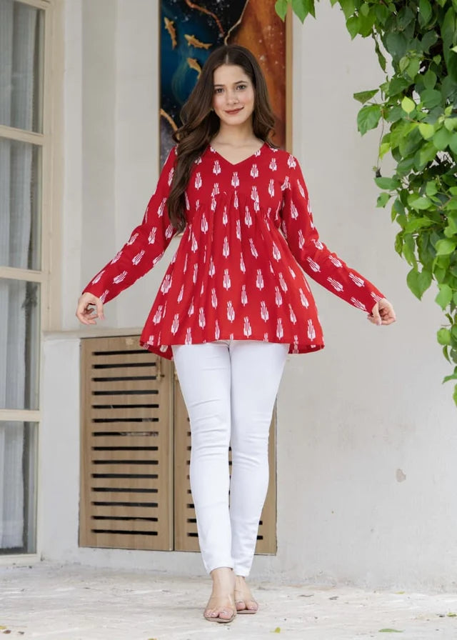 Red Ikat Printed Cotton Alia Top