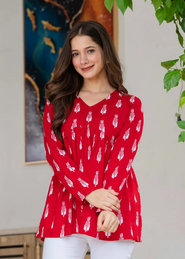 Red Ikat Printed Cotton Alia Top