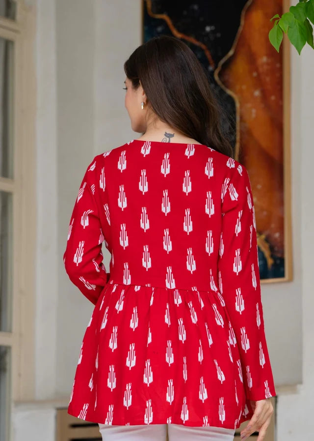 Red Ikat Printed Cotton Alia Top