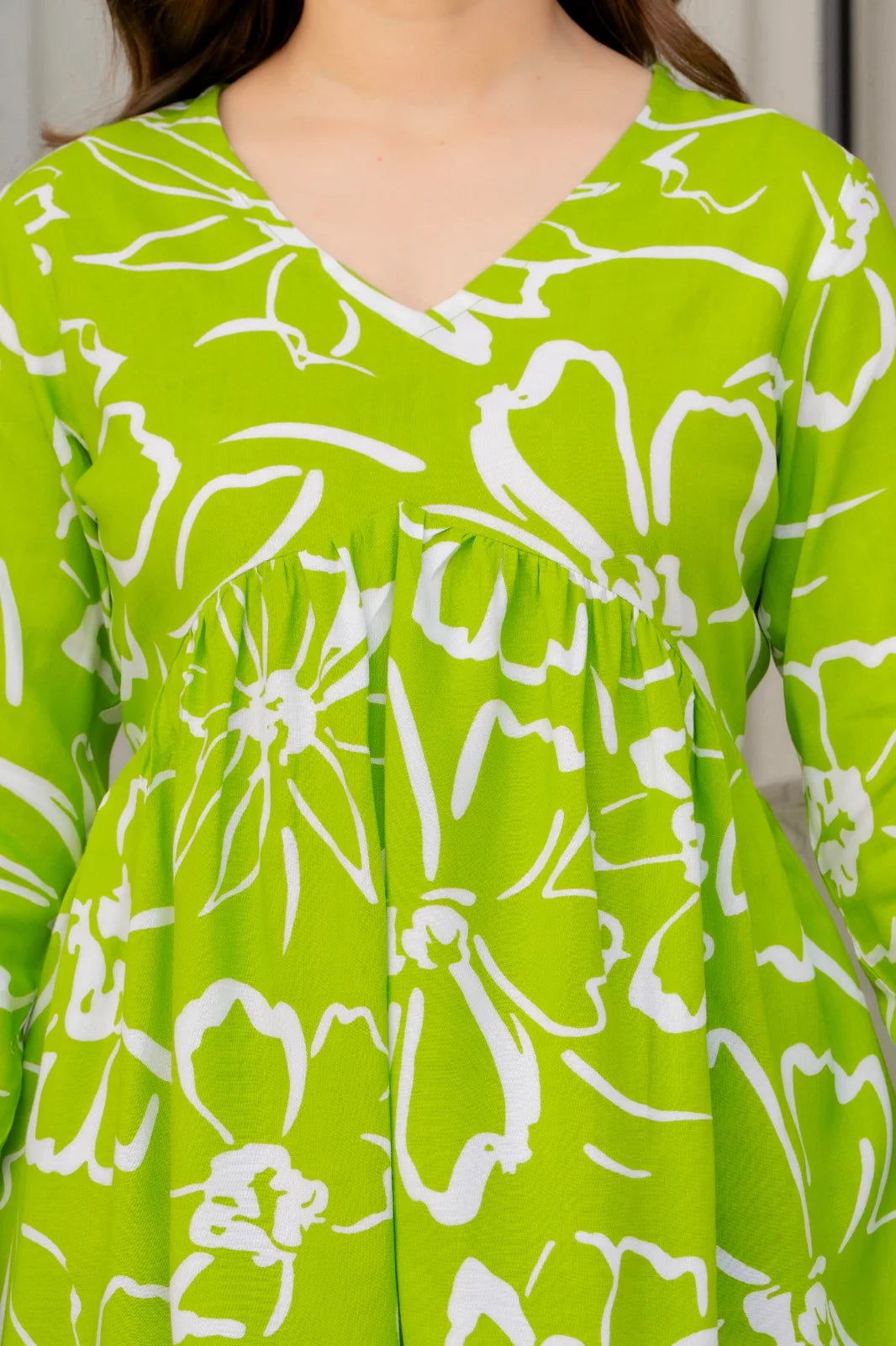 Lime Green Floral Printed Cotton Alia Top