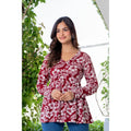 Women's maroon floral printed cotton Alia top with long sleeves and relaxed fit