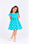 Aqua heart print cotton frock for girls with flutter sleeves