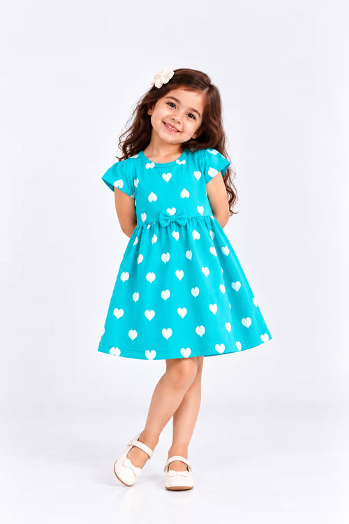 Aqua heart print cotton frock for girls with flutter sleeves