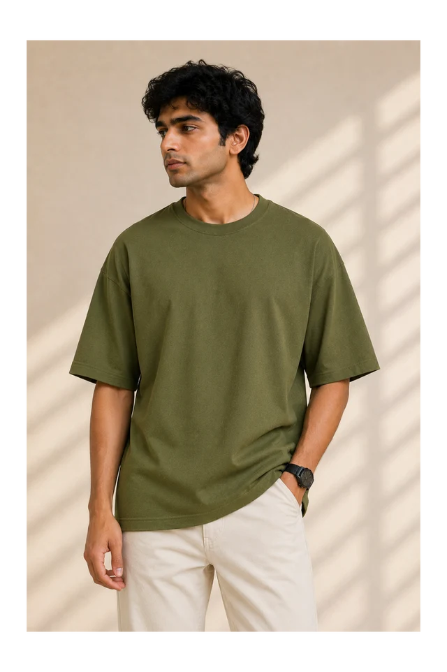 365BC men's army green 240 GSM 100% cotton French Terry oversized T-shirt