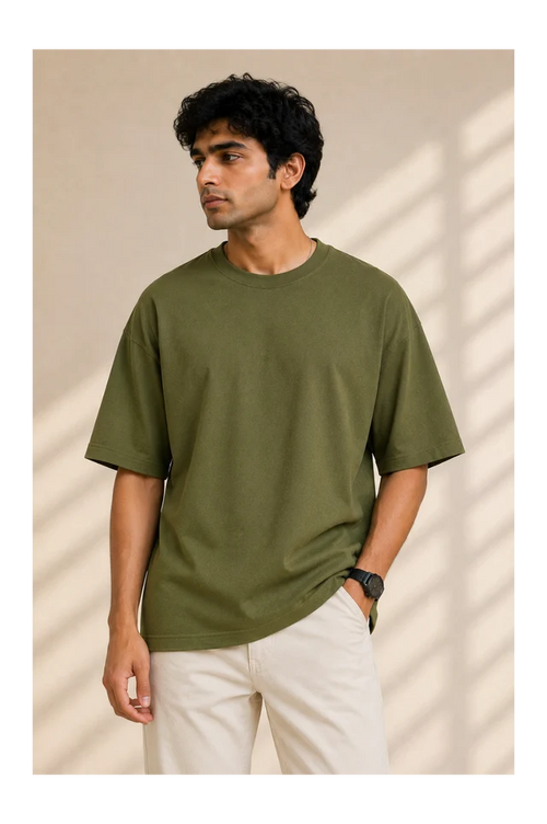 365BC men's army green 240 GSM 100% cotton French Terry oversized T-shirt