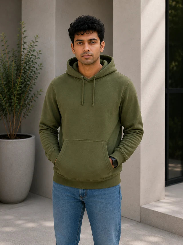 Men's premium army green cotton blend hoodie, 88% cotton and 12% polyester, styled for everyday wear