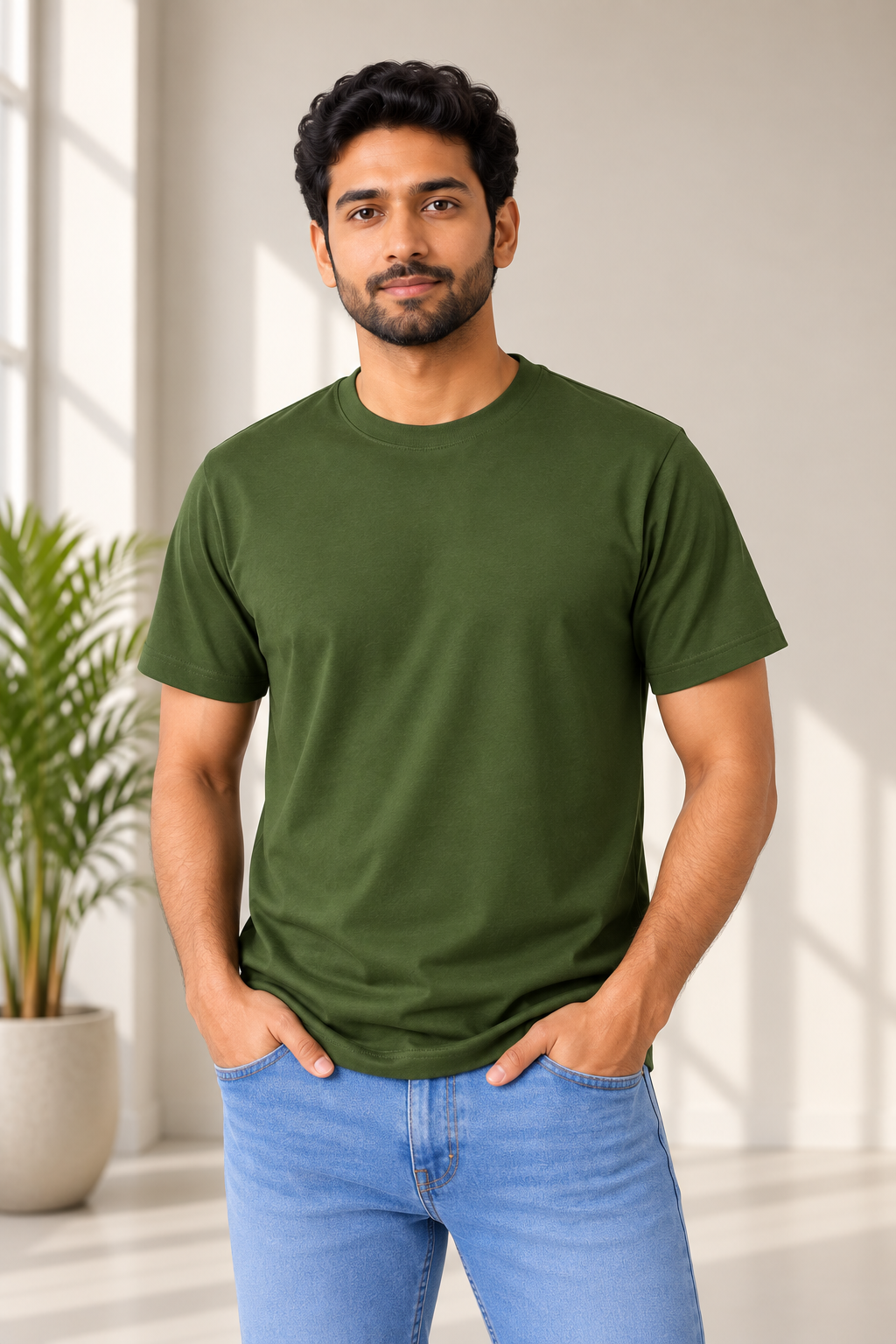 365BC men's army green 100% cotton 180 GSM regular fit T-shirt
