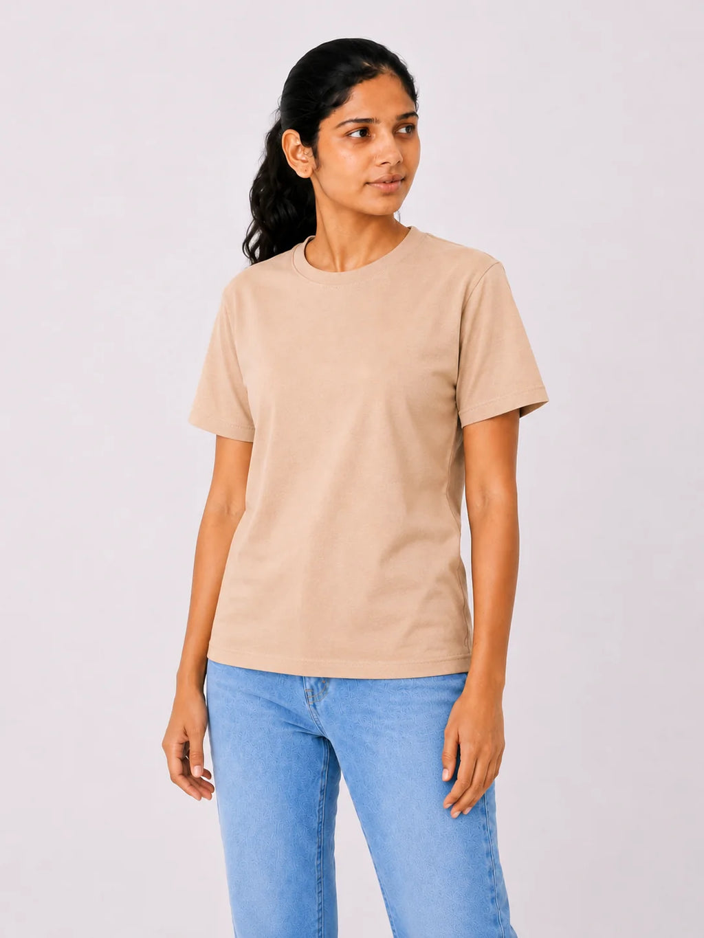 Women's beige 100% cotton bio-washed soft T-shirt by 365BC