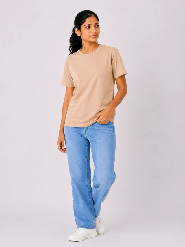 Women's 100% Cotton T-Shirt – Beige | Bio-Washed Soft Tee